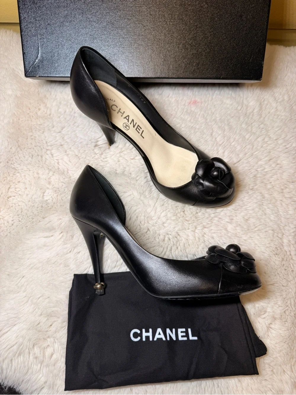 Pre-Loved Authentic Chanel Black Camellia Leather Pumps